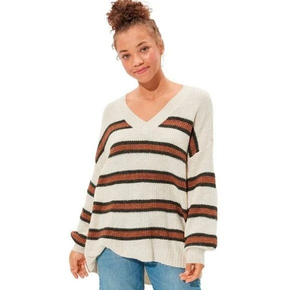 ⭐️American Eagle Size S Sweater Cream Brown Striped Boho Western Oversized Soft
